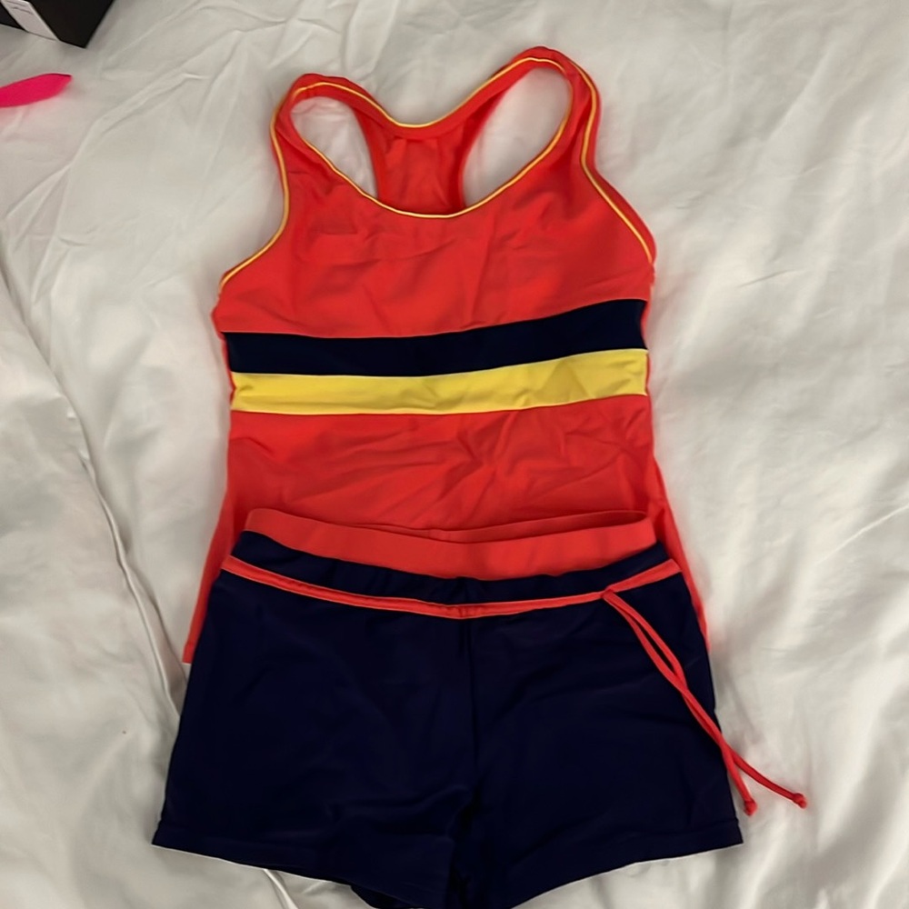 Girls swim two piece. Coral and navy